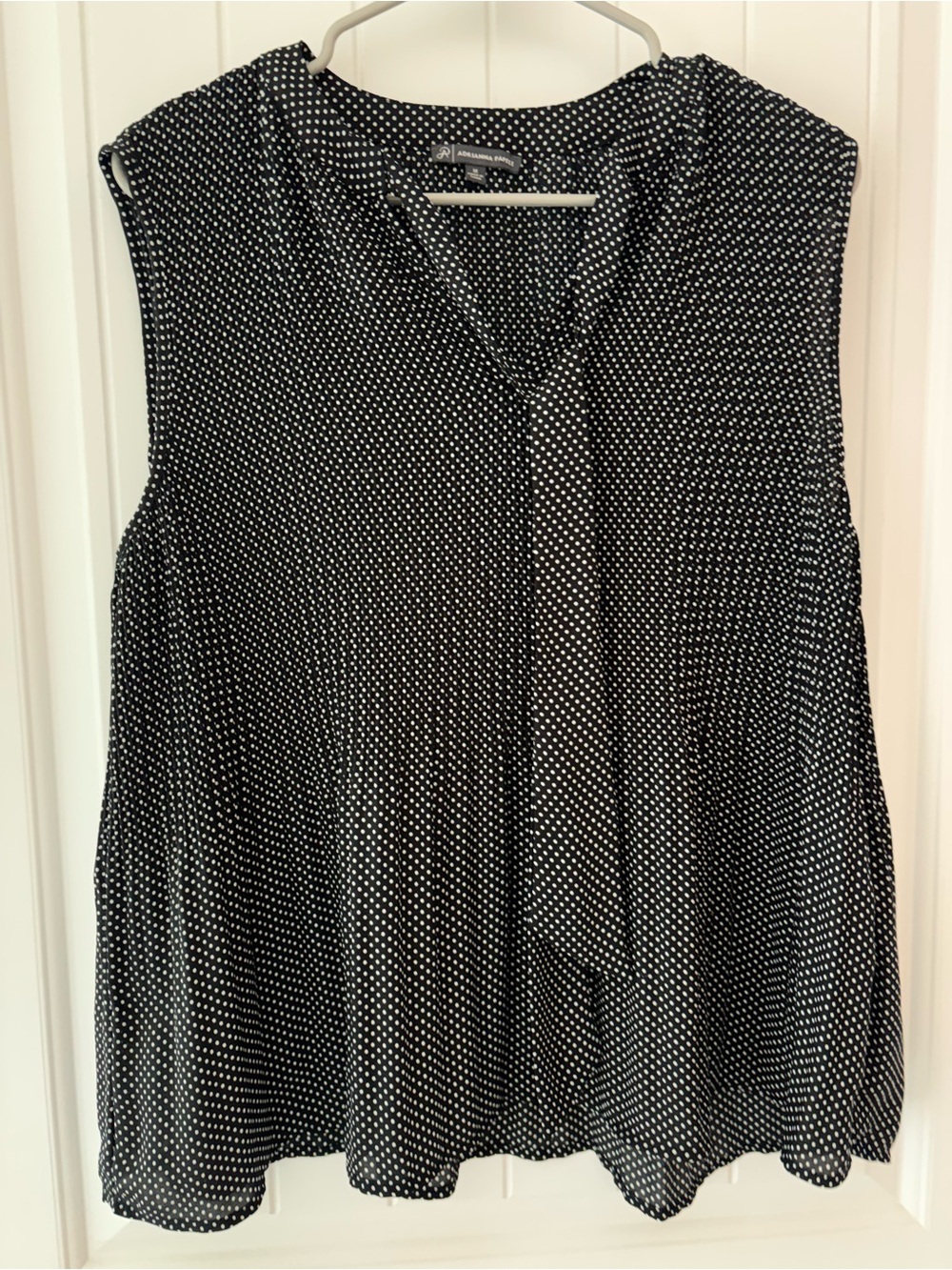 Adrianna Papell Black and White Polka Dot Sleeveless Tie-Front Blouse